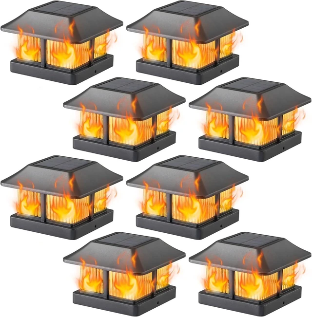 Alt view image 8 of 14 - Dynaming Solar Flame Post Cap Lights Outdoor, Solar Powered Fence Post Light, Flickering Flame LED Lantern Lamps Waterproof for Garden Deck Patio, Fit 4x4 Wooden/Vinyl Posts, 8 Pack
