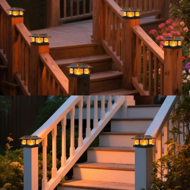 Alt view image 12 of 14 - Dynaming Solar Flame Post Cap Lights Outdoor, Solar Powered Fence Post Light, Flickering Flame LED Lantern Lamps Waterproof for Garden Deck Patio, Fit 4x4 Wooden/Vinyl Posts, 8 Pack
