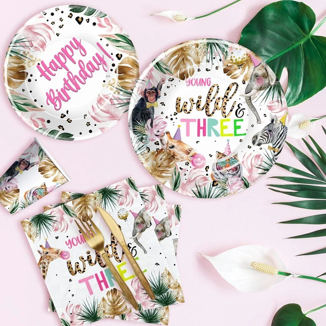 Alt view image 11 of 14 - APOWBLS Young Wild And Three Decorations Girl Dinnerware, Safari 3rd Birthday Party Supplies, Plate, Cup, Napkin, Tablecloth, Cutlery, Straw, Animal Jungle 3 Year Old Birthday Decorations | Serves 24