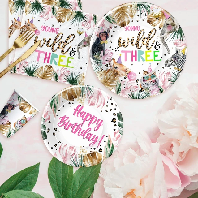 Alt view image 14 of 14 - APOWBLS Young Wild And Three Decorations Girl Dinnerware, Safari 3rd Birthday Party Supplies, Plate, Cup, Napkin, Tablecloth, Cutlery, Straw, Animal Jungle 3 Year Old Birthday Decorations | Serves 24