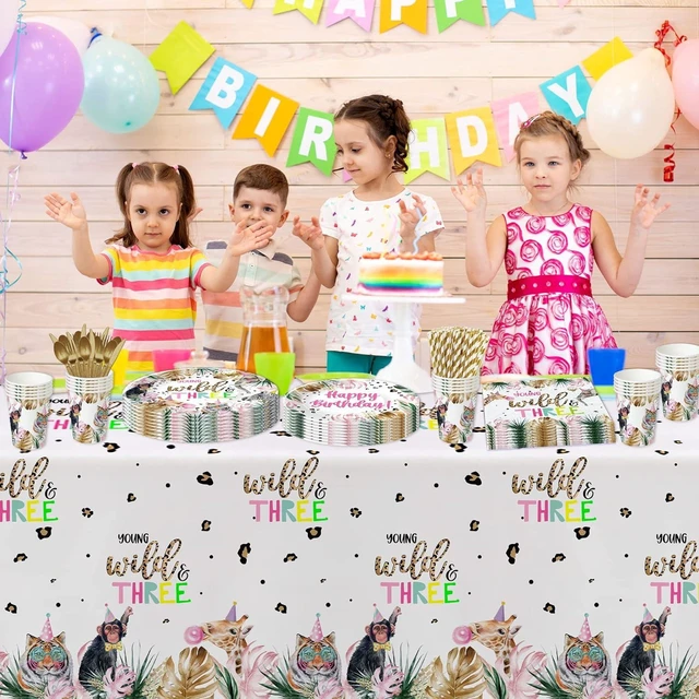 Alt view image 13 of 14 - APOWBLS Young Wild And Three Decorations Girl Dinnerware, Safari 3rd Birthday Party Supplies, Plate, Cup, Napkin, Tablecloth, Cutlery, Straw, Animal Jungle 3 Year Old Birthday Decorations | Serves 24