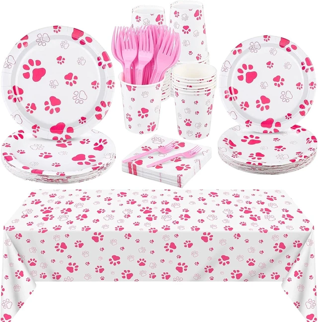Alt view image 8 of 14 - durony 121 Pieces Pink Paw Print Party Supplies Dog Birthday Tablecloth, Plates, Napkins, Forks and Paper Cups Decorations for Puppy Theme Party Supplies