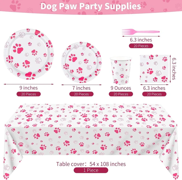Alt view image 9 of 14 - durony 121 Pieces Pink Paw Print Party Supplies Dog Birthday Tablecloth, Plates, Napkins, Forks and Paper Cups Decorations for Puppy Theme Party Supplies