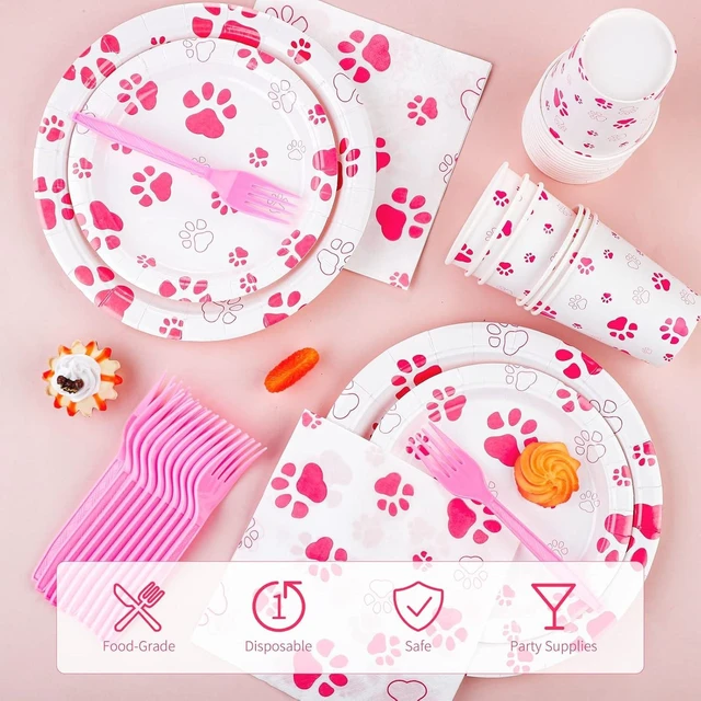 Alt view image 11 of 14 - durony 121 Pieces Pink Paw Print Party Supplies Dog Birthday Tablecloth, Plates, Napkins, Forks and Paper Cups Decorations for Puppy Theme Party Supplies