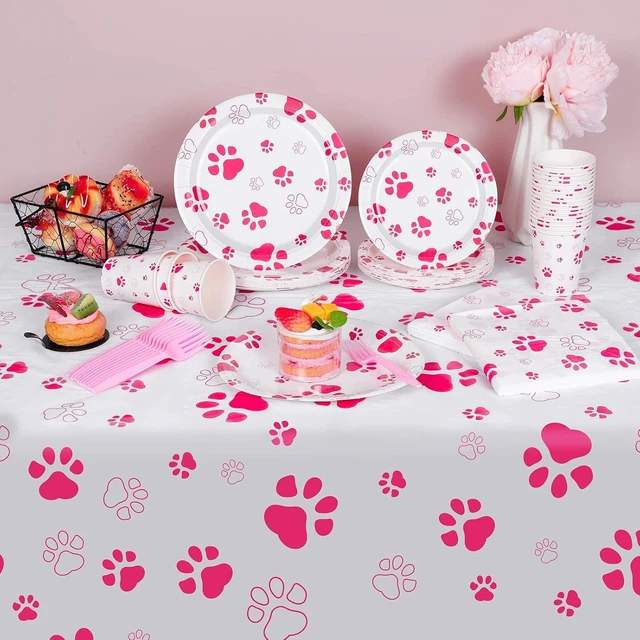 Alt view image 12 of 14 - durony 121 Pieces Pink Paw Print Party Supplies Dog Birthday Tablecloth, Plates, Napkins, Forks and Paper Cups Decorations for Puppy Theme Party Supplies