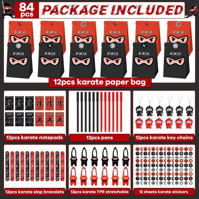 Alt view image 9 of 14 - 84pcs Karate Party Favor Set Red Black Karate Paper Bag Notepad Pen Slap Bracelets Key Chain TPR Stretchy Flying Toys Stickers Party Supplies for Boys Girls Birthday Classroom Activities Decorations