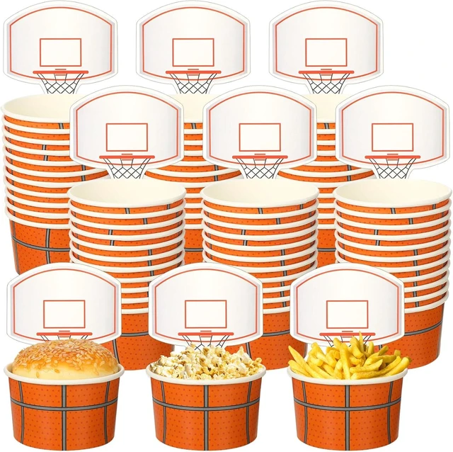 Alt view image 8 of 14 - Sunnyray 48 Sets Basketball Hoop Snack Cups with Cards 8 oz Disposable Paper Basketball Party Cups Sports Balls Treat Food Bowls for Balls Birthday Party Favors Decorations Supplies