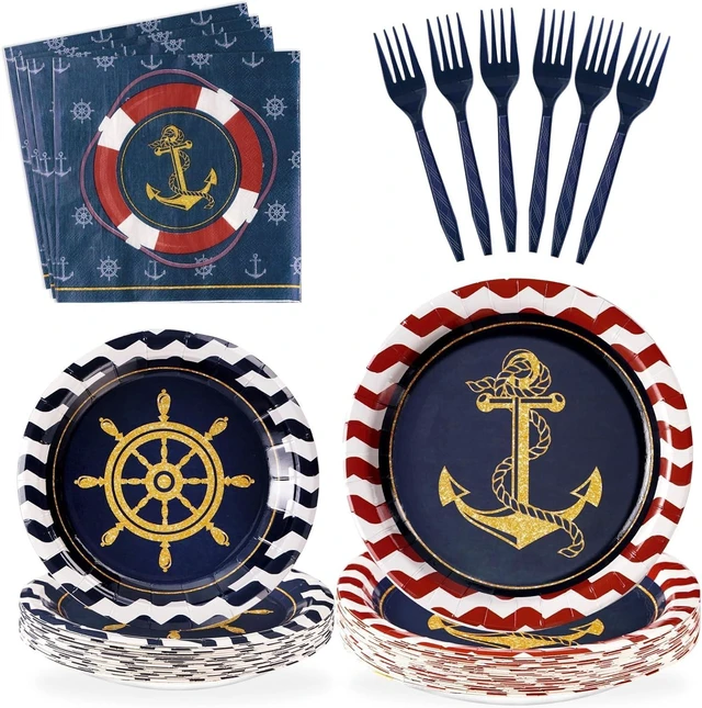 Alt view image 8 of 14 - Grencian 96Pcs Nautical Anchor Party Supplies Navy Nautical Party Plates Sailor Boat Ship Paper Plates Disposable Anchor Theme Tableware Set for Baby Shower Birthday Party, Serves 24