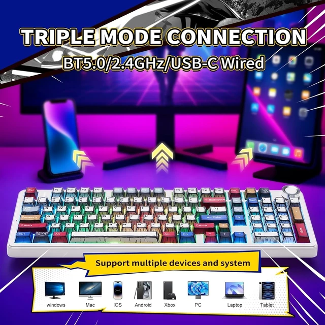 Alt view image 10 of 14 - x Aula F99 Pro Mechanical Keyboard, Wireless Gaming Keyboards RGB Backlit Hot Swappable Custom Creamy Bluetooth Computer Keyboard, Tri-Mode BT5.0/2.4GHz/USB-C, Pre-lubed Switches PBT Keycaps