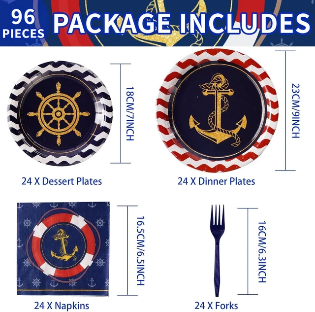 Alt view image 9 of 14 - Grencian 96Pcs Nautical Anchor Party Supplies Navy Nautical Party Plates Sailor Boat Ship Paper Plates Disposable Anchor Theme Tableware Set for Baby Shower Birthday Party, Serves 24