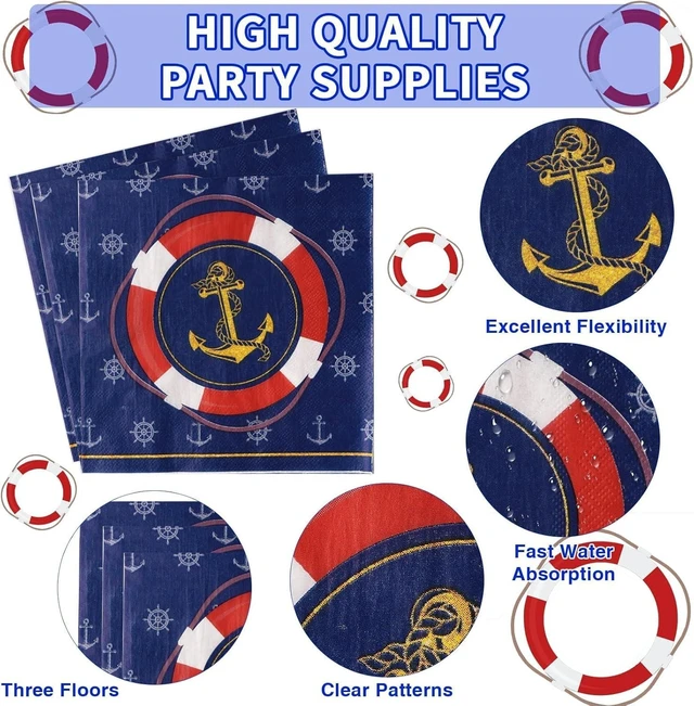 Alt view image 10 of 14 - Grencian 96Pcs Nautical Anchor Party Supplies Navy Nautical Party Plates Sailor Boat Ship Paper Plates Disposable Anchor Theme Tableware Set for Baby Shower Birthday Party, Serves 24