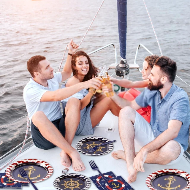Alt view image 13 of 14 - Grencian 96Pcs Nautical Anchor Party Supplies Navy Nautical Party Plates Sailor Boat Ship Paper Plates Disposable Anchor Theme Tableware Set for Baby Shower Birthday Party, Serves 24