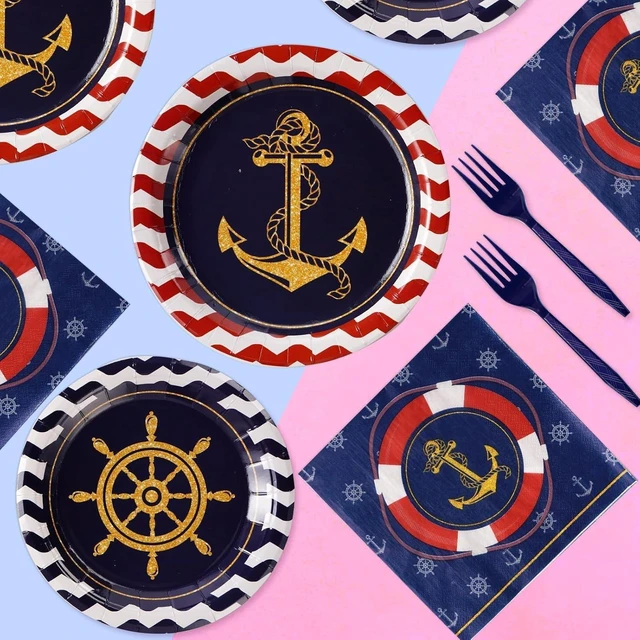 Alt view image 12 of 14 - Grencian 96Pcs Nautical Anchor Party Supplies Navy Nautical Party Plates Sailor Boat Ship Paper Plates Disposable Anchor Theme Tableware Set for Baby Shower Birthday Party, Serves 24