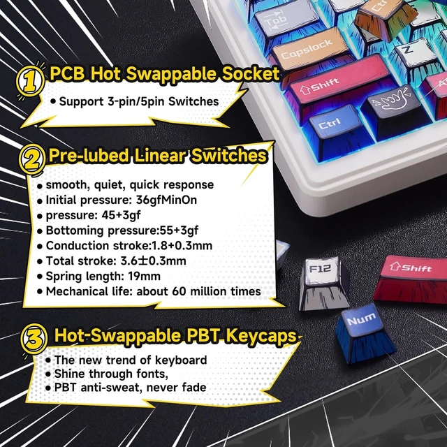 Alt view image 14 of 14 - x Aula F99 Pro Mechanical Keyboard, Wireless Gaming Keyboards RGB Backlit Hot Swappable Custom Creamy Bluetooth Computer Keyboard, Tri-Mode BT5.0/2.4GHz/USB-C, Pre-lubed Switches PBT Keycaps