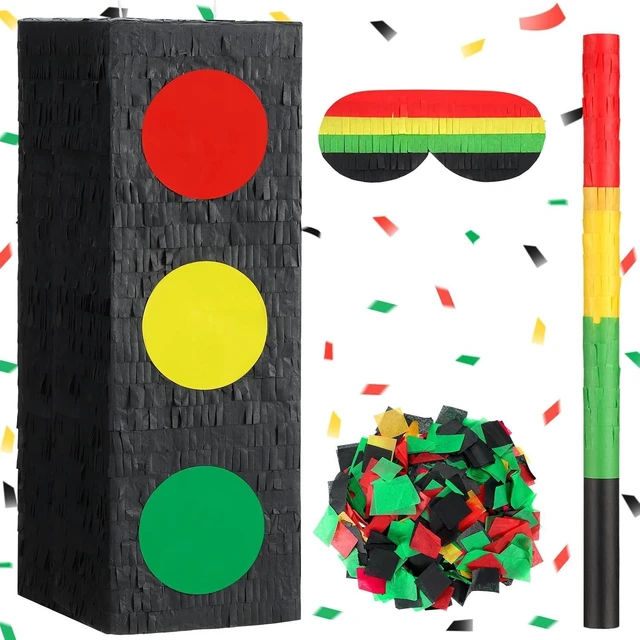 Alt view image 5 of 8 - Seenelling 15.8 Tall Traffic Light Piñata Red Yellow Green Light Stop Sign with Blindfold Bat Confetti for Birthday Party Supplies