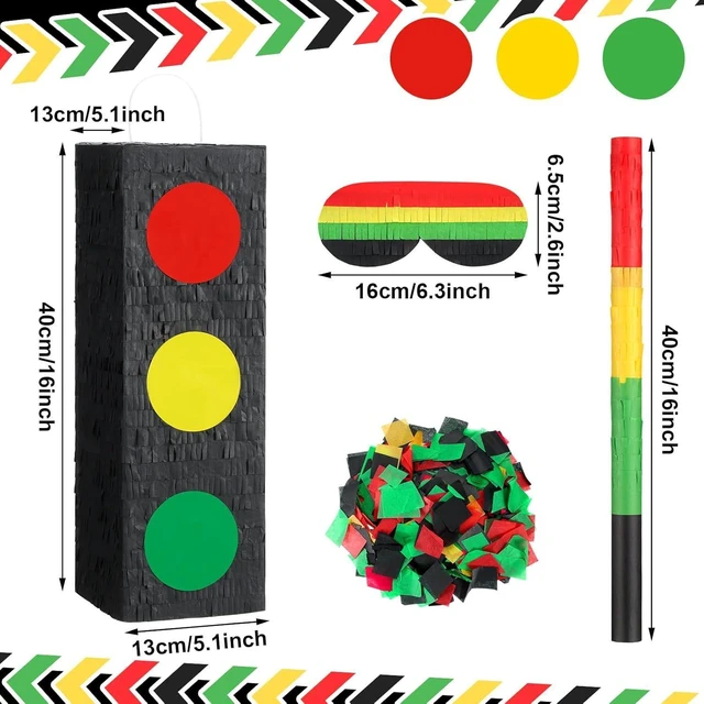 Alt view image 6 of 8 - Seenelling 15.8 Tall Traffic Light Piñata Red Yellow Green Light Stop Sign with Blindfold Bat Confetti for Birthday Party Supplies