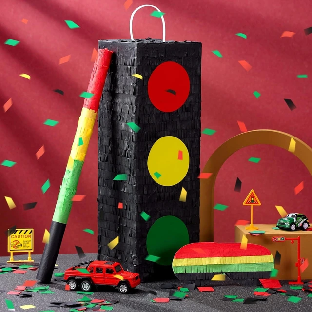 Alt view image 8 of 8 - Seenelling 15.8 Tall Traffic Light Piñata Red Yellow Green Light Stop Sign with Blindfold Bat Confetti for Birthday Party Supplies