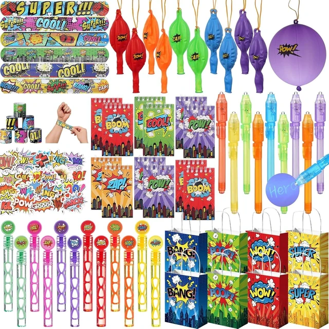 Alt view image 7 of 12 - Vanblue 122 Pcs Hero Party Favors Birthday Party Decorations,Slap Bracelets,Stickers and Gift Bags Goodie Bag Stuffers Classroom Rewards Piñata Fillers for Kids Boys Theme Party Supplies