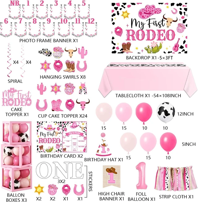 Alt view image 12 of 12 - 155Pcs My First Rodeo Decorations Girl,Western Cowgirl 1st Birthday Balloon Arch,Banner,ONE Box,Tablecloth Theme Party Supplies for Baby Girl 1st Birthday,Girls Baby Shower Party