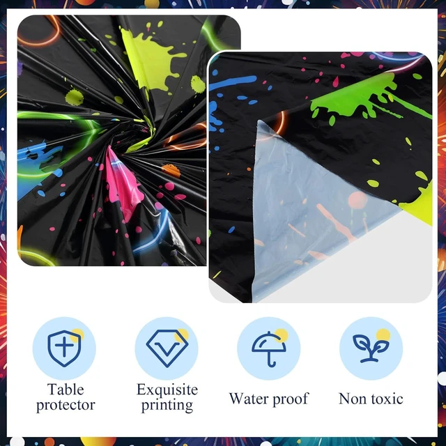 Alt view image 10 of 14 - Oudain 6 Pcs Neon Party Table Cloths for Parties 84" Round Disposable Plastic Table Covers for Birthday Baby Shower 80s 90s Party Supplies Decor (Black)