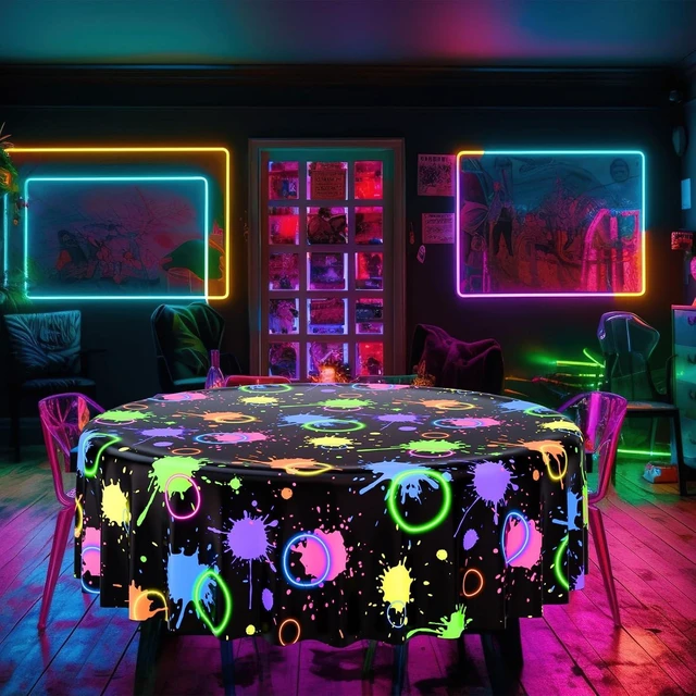 Alt view image 11 of 14 - Oudain 6 Pcs Neon Party Table Cloths for Parties 84" Round Disposable Plastic Table Covers for Birthday Baby Shower 80s 90s Party Supplies Decor (Black)