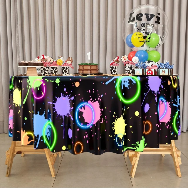 Alt view image 13 of 14 - Oudain 6 Pcs Neon Party Table Cloths for Parties 84" Round Disposable Plastic Table Covers for Birthday Baby Shower 80s 90s Party Supplies Decor (Black)