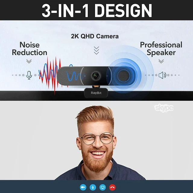 Alt view image 10 of 14 - 3 in 1 Webcam - 2K HD USB C Webcam with Microphone and Speaker, Stereo Sound & Noise-Cancelling Mics, Privacy Cover, Light Correction, Autofocus Conference Web Camera for Computer/Laptop/PC/Monitor