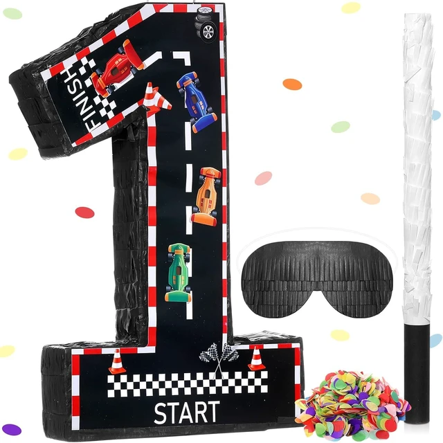 Alt view image 7 of 12 - Sratte Race Car Number Piñata Small Racing Piñata with Blindfold Bat and Confetti for Boy Race Car Themed Birthday Anniversary Celebration Party Supplies, 16.1 x 10.6 x 3 Inch (number 1)