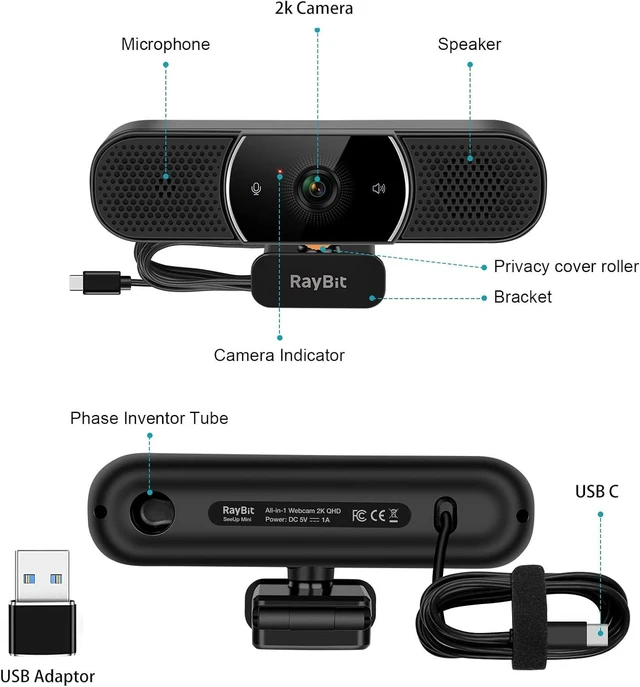Alt view image 13 of 14 - 3 in 1 Webcam - 2K HD USB C Webcam with Microphone and Speaker, Stereo Sound & Noise-Cancelling Mics, Privacy Cover, Light Correction, Autofocus Conference Web Camera for Computer/Laptop/PC/Monitor