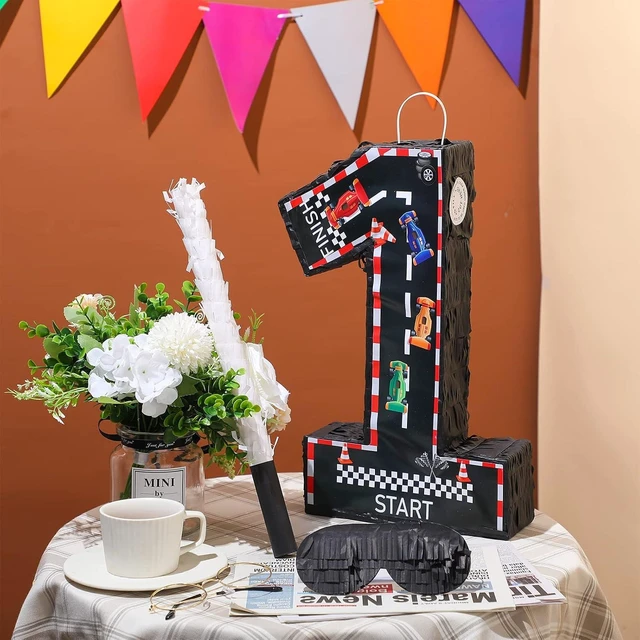 Alt view image 9 of 12 - Sratte Race Car Number Piñata Small Racing Piñata with Blindfold Bat and Confetti for Boy Race Car Themed Birthday Anniversary Celebration Party Supplies, 16.1 x 10.6 x 3 Inch (number 1)