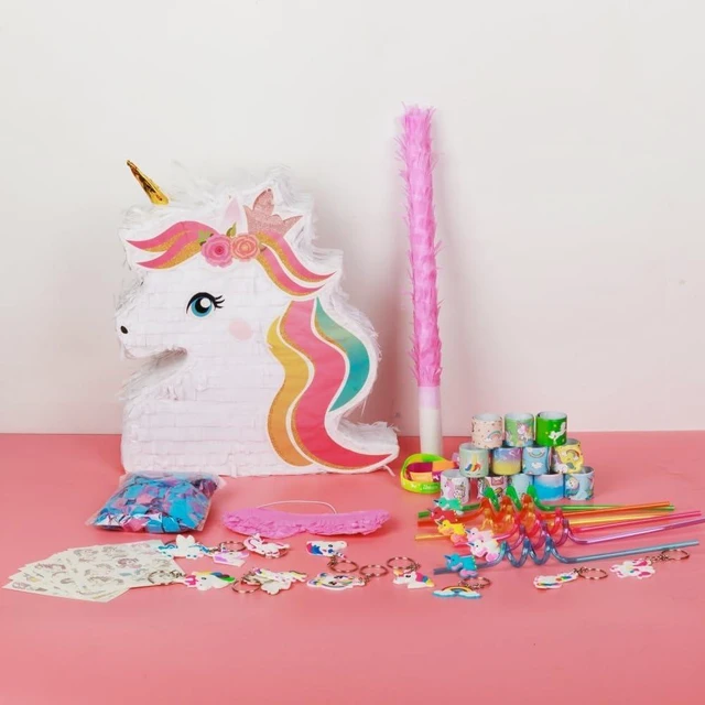 Alt view image 9 of 14 - Unicorn Pinata Party Favors for Girl Birthday Party Supplies with Unicorn Pinata Stickers Slap Bracelets Keychains Silicone Bands and Straws (White)