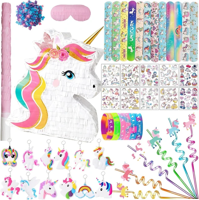 Alt view image 8 of 14 - Unicorn Pinata Party Favors for Girl Birthday Party Supplies with Unicorn Pinata Stickers Slap Bracelets Keychains Silicone Bands and Straws (White)
