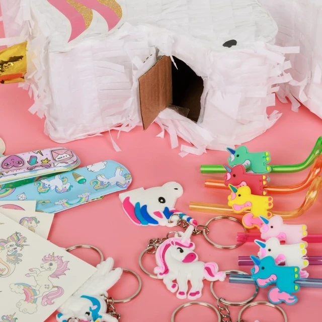 Alt view image 10 of 14 - Unicorn Pinata Party Favors for Girl Birthday Party Supplies with Unicorn Pinata Stickers Slap Bracelets Keychains Silicone Bands and Straws (White)
