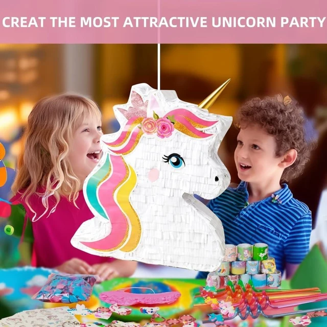 Alt view image 12 of 14 - Unicorn Pinata Party Favors for Girl Birthday Party Supplies with Unicorn Pinata Stickers Slap Bracelets Keychains Silicone Bands and Straws (White)