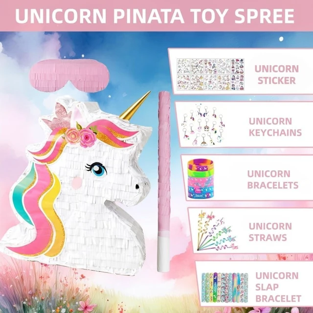Alt view image 13 of 14 - Unicorn Pinata Party Favors for Girl Birthday Party Supplies with Unicorn Pinata Stickers Slap Bracelets Keychains Silicone Bands and Straws (White)