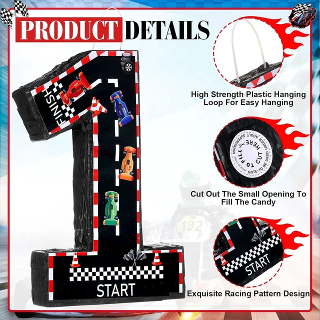 Alt view image 12 of 12 - Sratte Race Car Number Piñata Small Racing Piñata with Blindfold Bat and Confetti for Boy Race Car Themed Birthday Anniversary Celebration Party Supplies, 16.1 x 10.6 x 3 Inch (number 1)