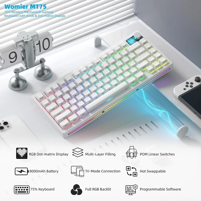 Alt view image 9 of 14 - Womier 75% Wireless Mechanical Gaming Keyboard with Knob & Dot-matrix Display Bluetooth5.0/2.4GHz/USB C Thocky Creamy Keyboard for PC Computer, 8000mAh Battery Jelly key board for Win/Mac (MT75-White)