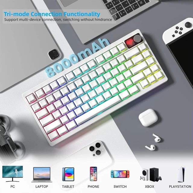 Alt view image 11 of 14 - Womier 75% Wireless Mechanical Gaming Keyboard with Knob & Dot-matrix Display Bluetooth5.0/2.4GHz/USB C Thocky Creamy Keyboard for PC Computer, 8000mAh Battery Jelly key board for Win/Mac (MT75-White)