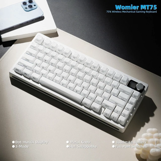 Alt view image 14 of 14 - Womier 75% Wireless Mechanical Gaming Keyboard with Knob & Dot-matrix Display Bluetooth5.0/2.4GHz/USB C Thocky Creamy Keyboard for PC Computer, 8000mAh Battery Jelly key board for Win/Mac (MT75-White)