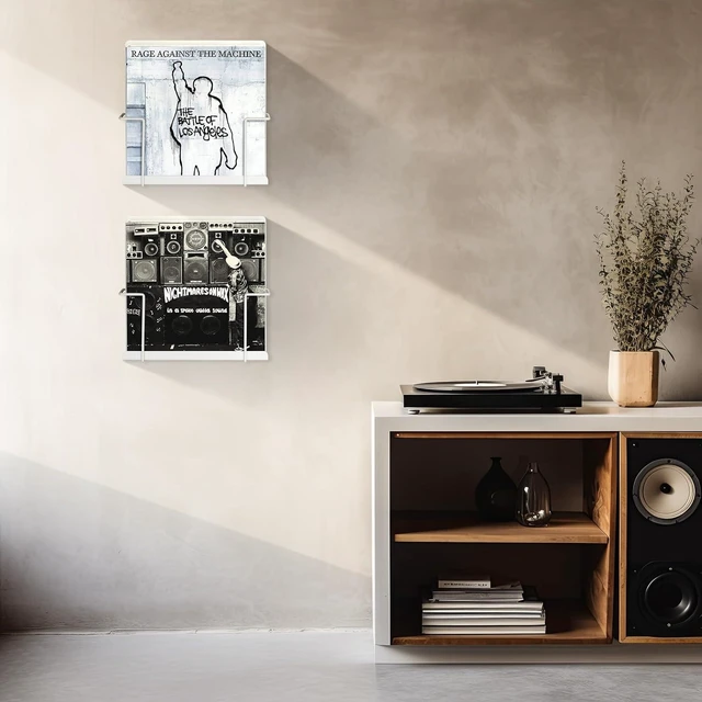 Alt view image 9 of 14 - Vinyl Display Holder 2pk - Matte White Record Shelf - Wall Mount - Fits 30 LP's - Minimalist Steel Shelves - Organizer Stand - Frame Album Art