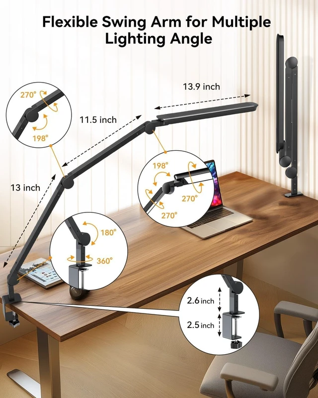 Alt view image 11 of 14 - LED Desk Lamp with Clamp, Architect Desk Lamp with Remote, Flexible Swing Arm Desk Light with Dual LED Light, Stepless Dimming, 5 Color Mode & 4 Brightness for Sewing Painting Drafting Crafting