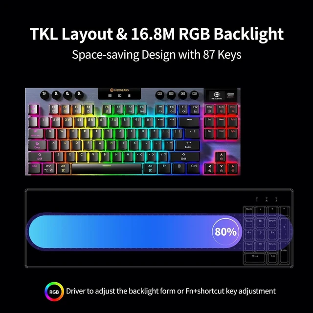 Alt view image 13 of 14 - Hexgears Immersion A3 Low-Profile Wireless Mechanical Keyboard, TKL Hot-Swappable Aluminum Gaming Keyboard, BT5.0/2.4GHz/USB-C Linear Switches, RGB Backlit, TFT Screen & 5800mAh Battery for Pc/Mac