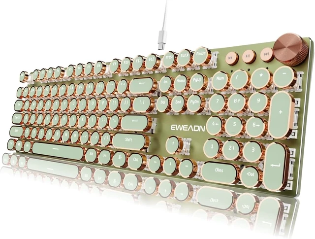 Alt view image 8 of 14 - EWEADN Typewriter Style Mechanical Keyboard, Wired Typewriter Keyboards,104 Keys Backlit LED Metal Keyboards, Media Control Knob, Wired Computer Keyboard Pink Switch for Windows/Mac/PC-Green