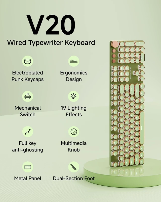 Alt view image 10 of 14 - EWEADN Typewriter Style Mechanical Keyboard, Wired Typewriter Keyboards,104 Keys Backlit LED Metal Keyboards, Media Control Knob, Wired Computer Keyboard Pink Switch for Windows/Mac/PC-Green