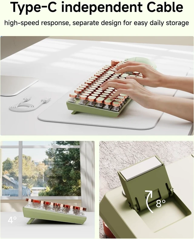 Alt view image 11 of 14 - EWEADN Typewriter Style Mechanical Keyboard, Wired Typewriter Keyboards,104 Keys Backlit LED Metal Keyboards, Media Control Knob, Wired Computer Keyboard Pink Switch for Windows/Mac/PC-Green