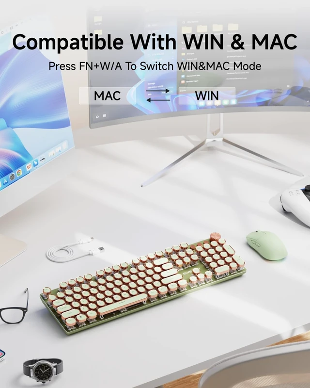 Alt view image 13 of 14 - EWEADN Typewriter Style Mechanical Keyboard, Wired Typewriter Keyboards,104 Keys Backlit LED Metal Keyboards, Media Control Knob, Wired Computer Keyboard Pink Switch for Windows/Mac/PC-Green