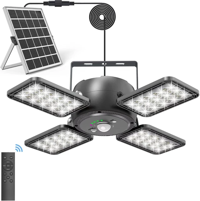 Alt view image 7 of 12 - INXPHY Solar Shed Light, 1200LM 144LED Motion Sensor Pendant Light, 5 Lighting Modes Remote Control 4-Leaf 120° Adjustable, IP65 Waterproof Split Solar Panel for Indoor Outdoor Yard Garage