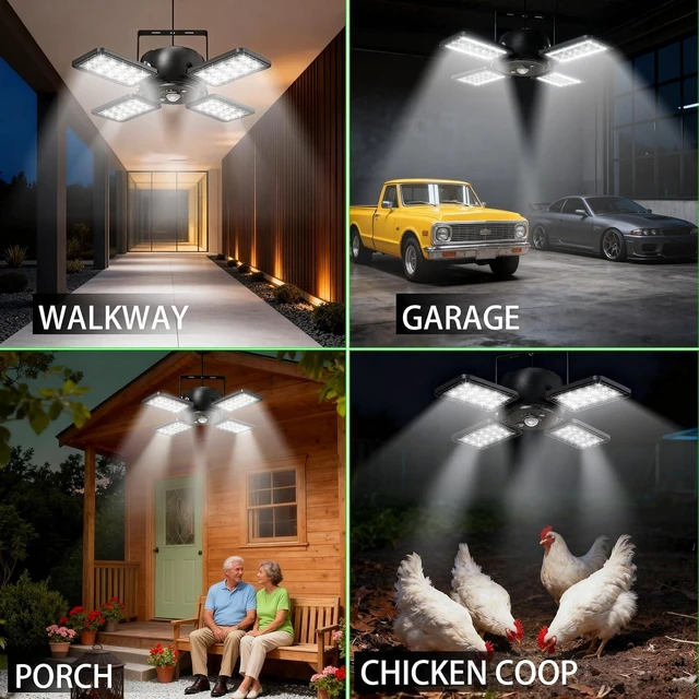 Alt view image 11 of 12 - INXPHY Solar Shed Light, 1200LM 144LED Motion Sensor Pendant Light, 5 Lighting Modes Remote Control 4-Leaf 120° Adjustable, IP65 Waterproof Split Solar Panel for Indoor Outdoor Yard Garage