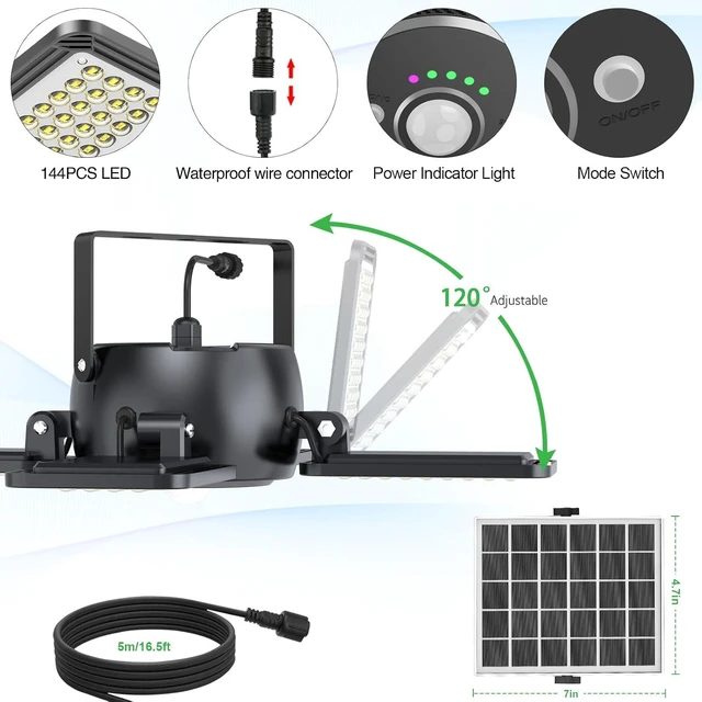 Alt view image 9 of 12 - INXPHY Solar Shed Light, 1200LM 144LED Motion Sensor Pendant Light, 5 Lighting Modes Remote Control 4-Leaf 120° Adjustable, IP65 Waterproof Split Solar Panel for Indoor Outdoor Yard Garage