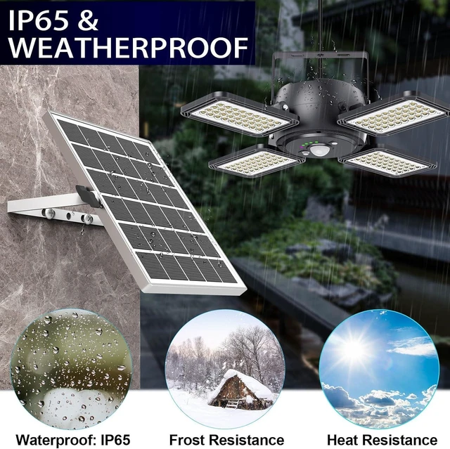 Alt view image 10 of 12 - INXPHY Solar Shed Light, 1200LM 144LED Motion Sensor Pendant Light, 5 Lighting Modes Remote Control 4-Leaf 120° Adjustable, IP65 Waterproof Split Solar Panel for Indoor Outdoor Yard Garage